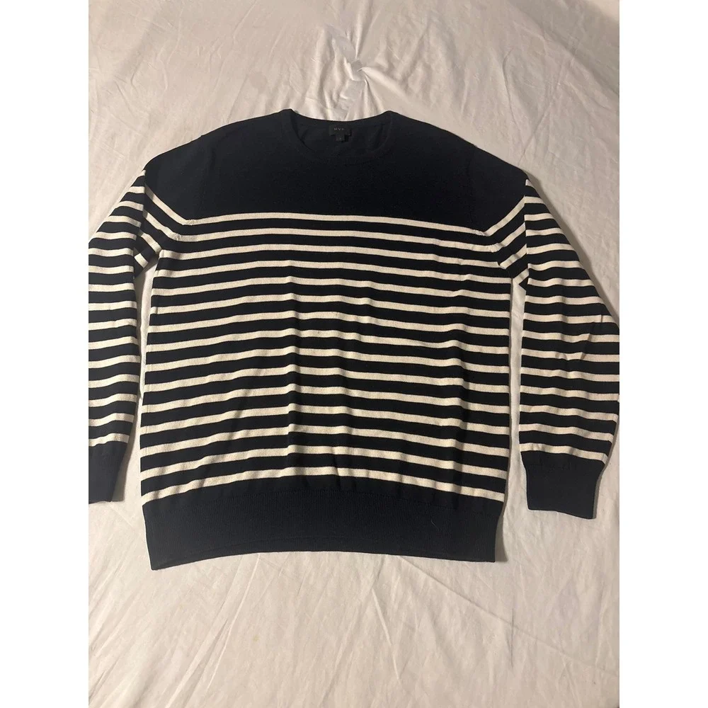 MVP Sweater Mens Large Navy Blue White  Striped Crewneck Long Sleeve